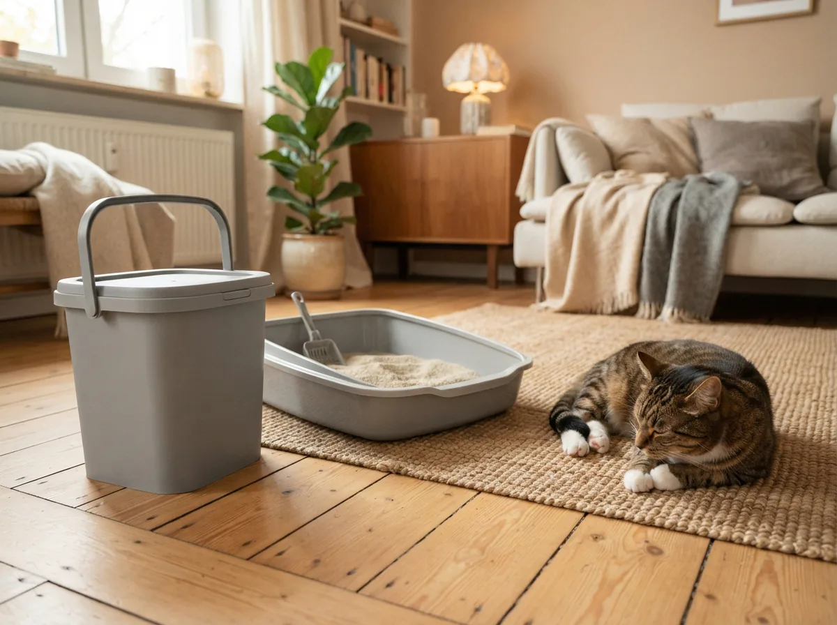 Frisch gepflegte Katzentoilette mit MultiFit ultra comfort Streu, daneben der Eimer im Wohnraum
