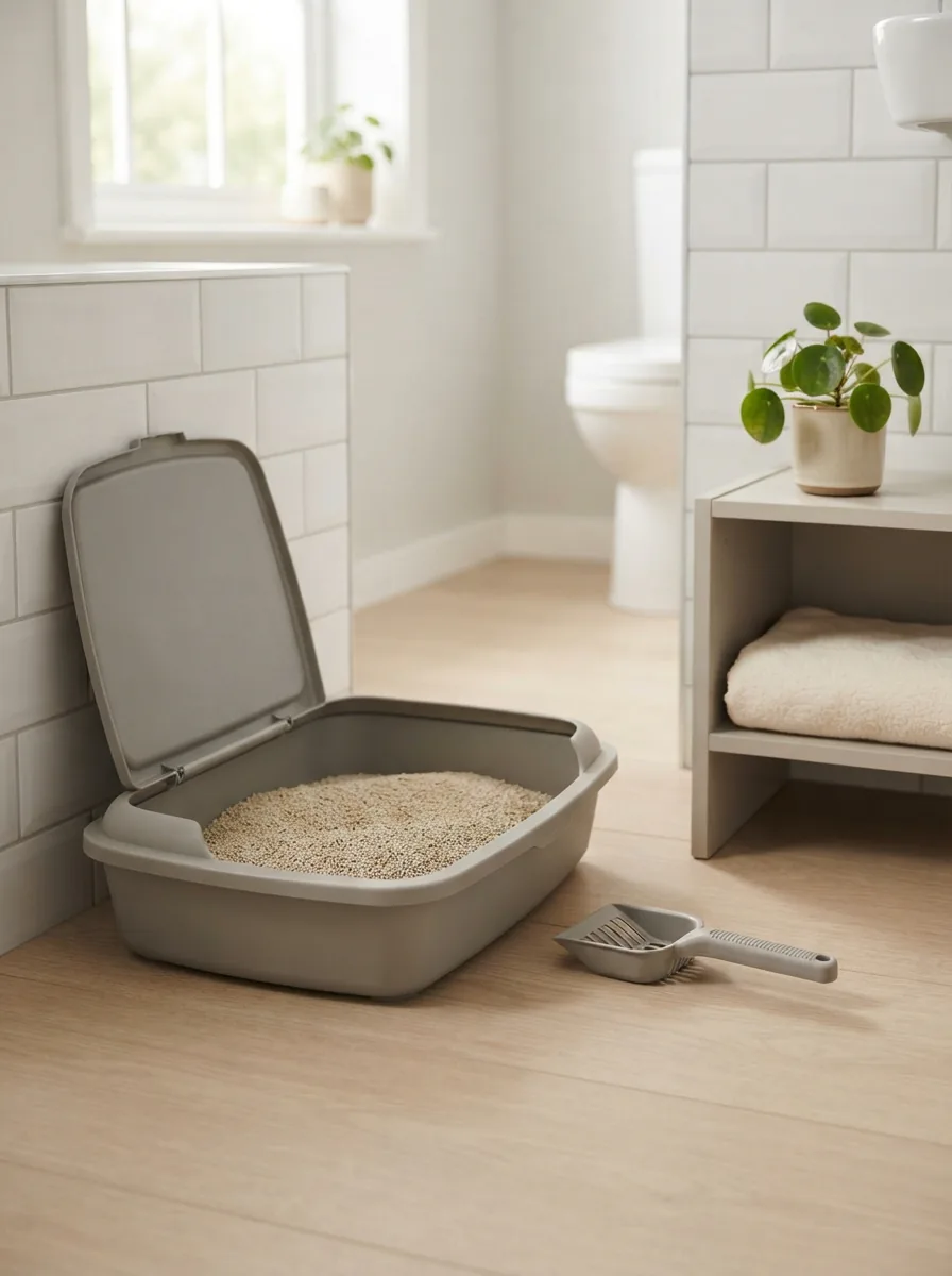 Blick auf eine saubere Katzentoilette mit hellen Klumpstreukörnern und Schaufel im Bad