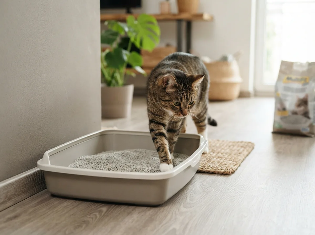 Katze steigt in eine eingefüllte Katzentoilette mit MultiFit ultra comfort Klumpstreu in einem hellen Wohnzimmer