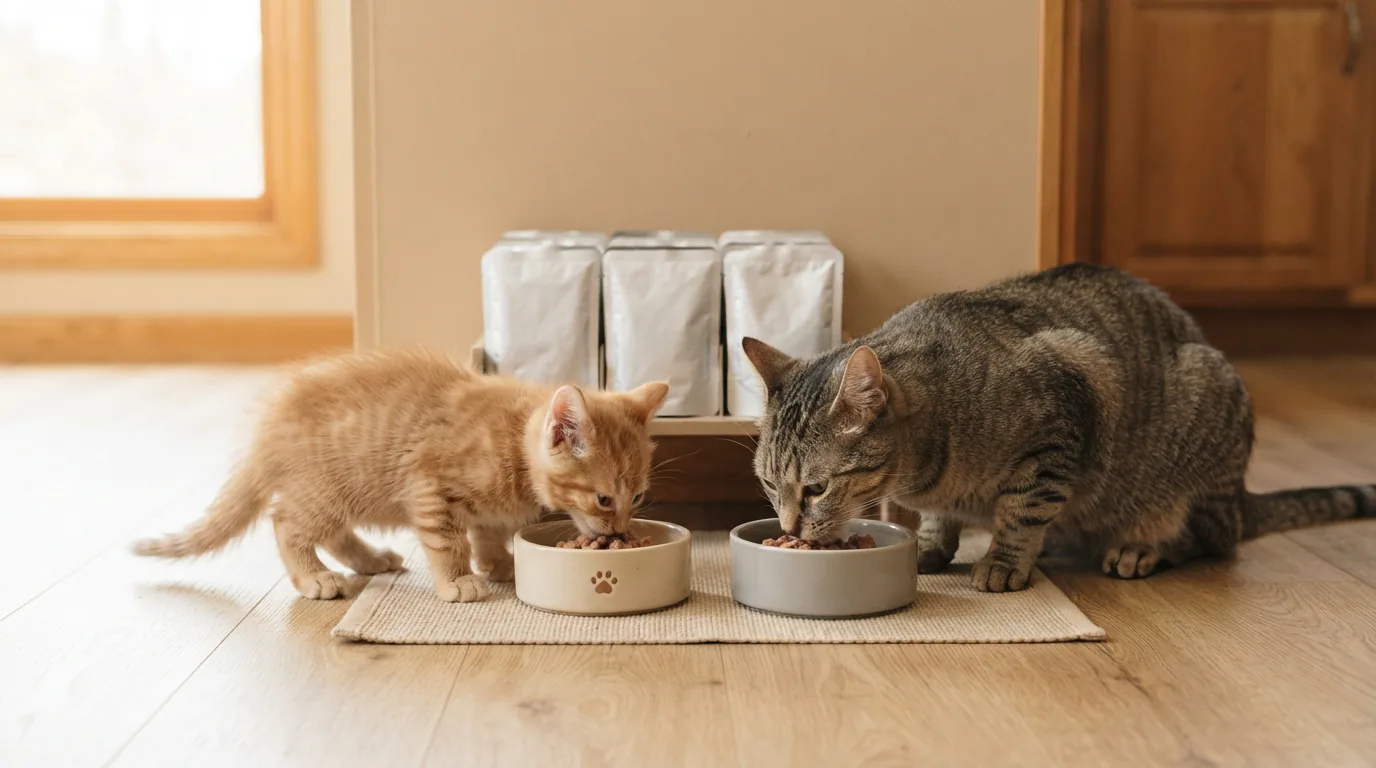Kätzchen und Katze fressen nebeneinander aus zwei Schalen in einer Küche