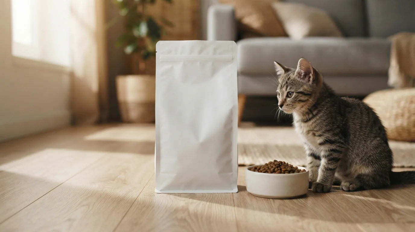 Weiße Tüte mit Katzenfutter für Katzenwelpen neben kleiner Futterschale und einem jungen Kätzchen