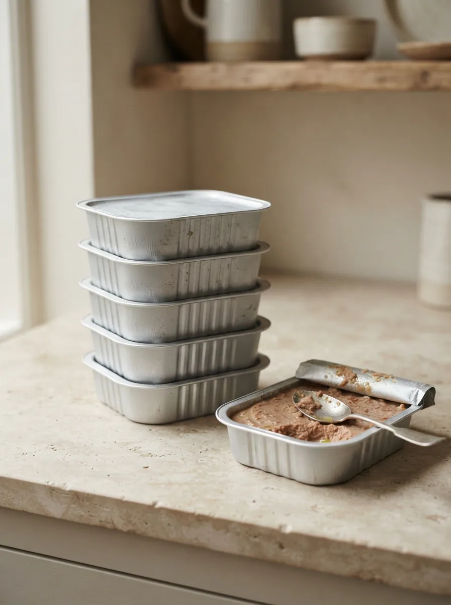 Sechs Becher MultiFit Nassfutter Pastete mit fünf Sorten, ein geöffneter Becher mit Pastete auf einer Steinarbeitsplatte