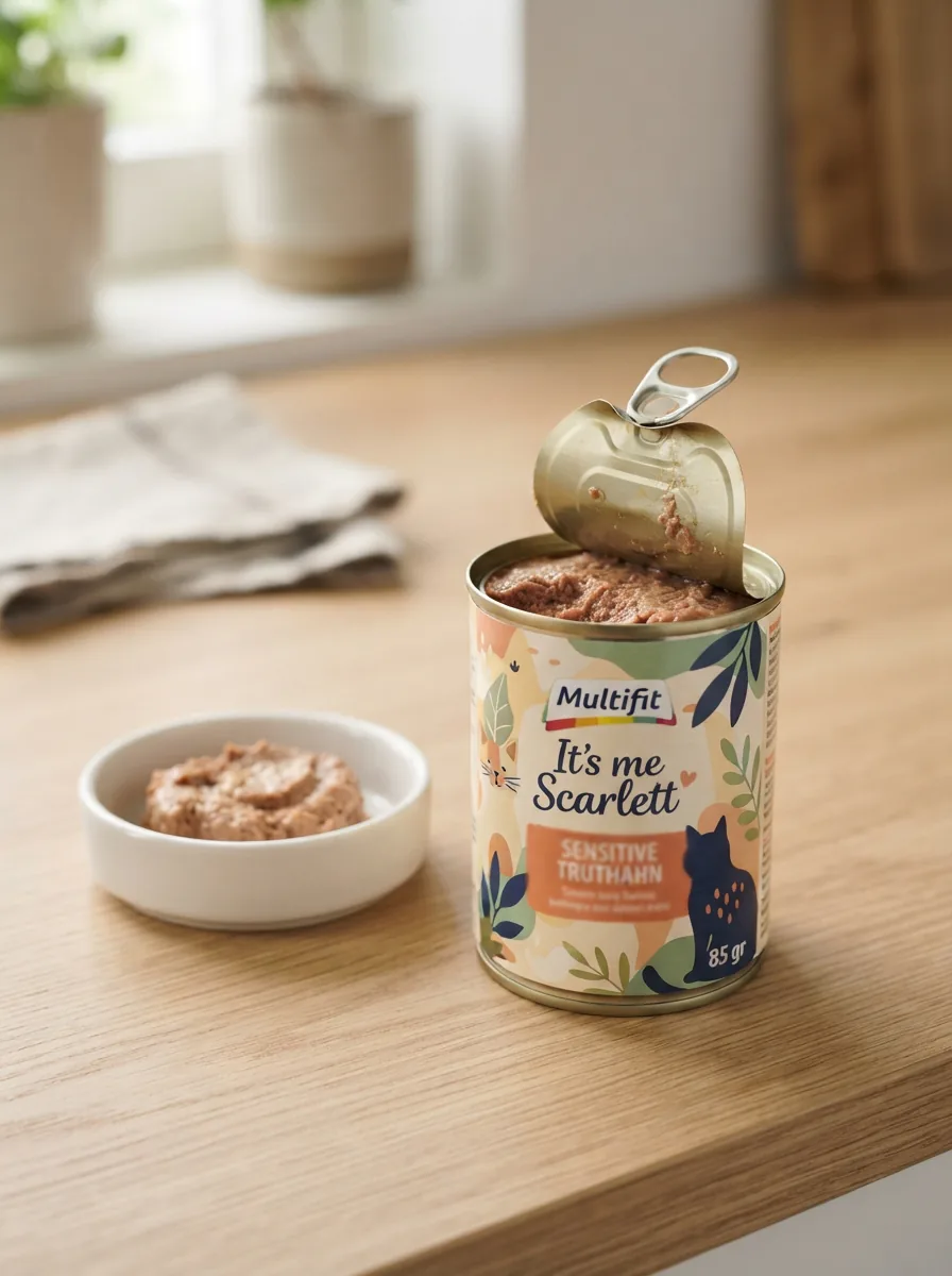 Multifit It's me Scarlett Sensitive Truthahn 85-g-Dose mit geöffnetem Deckel neben einer weißen Katzenfutterschale auf einem Küchentisch