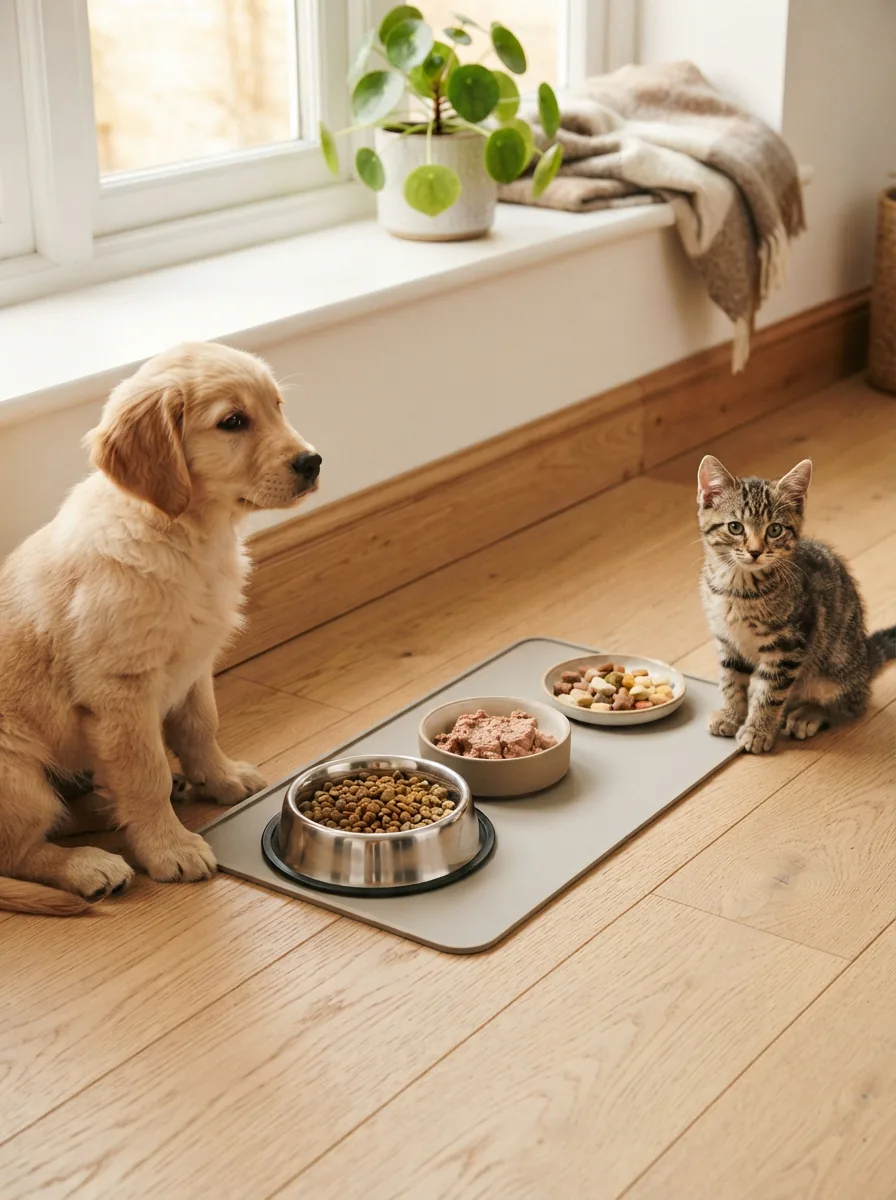 Futterstelle mit Schalen für Trockenfutter, Nassfutter und Snacks auf hellem Boden, ein junges Tier wartet daneben