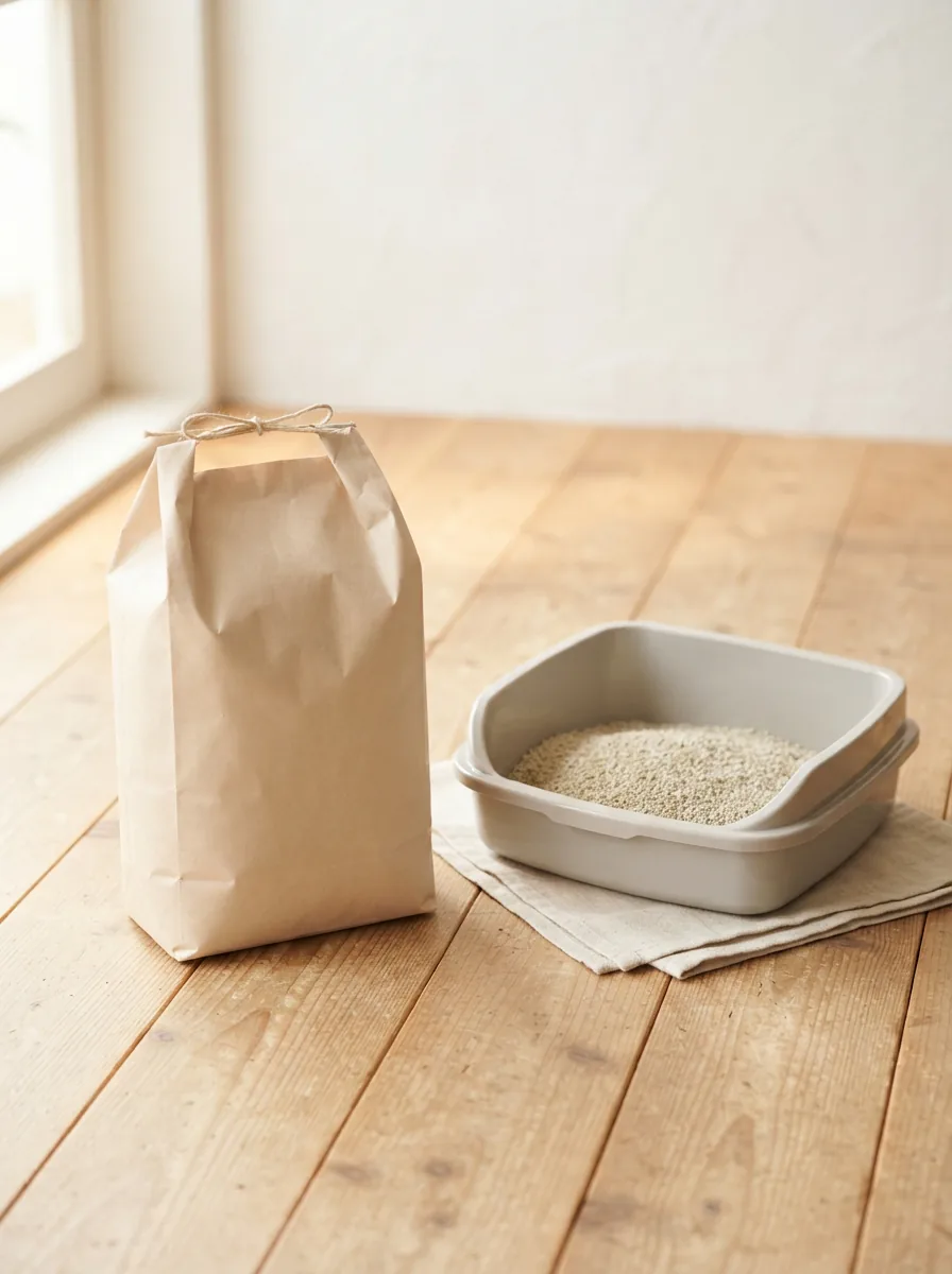 Kompakte 4,5-kg-Packung MultiFit Comfort Klumpstreu neben einer kleinen Katzentoilette
