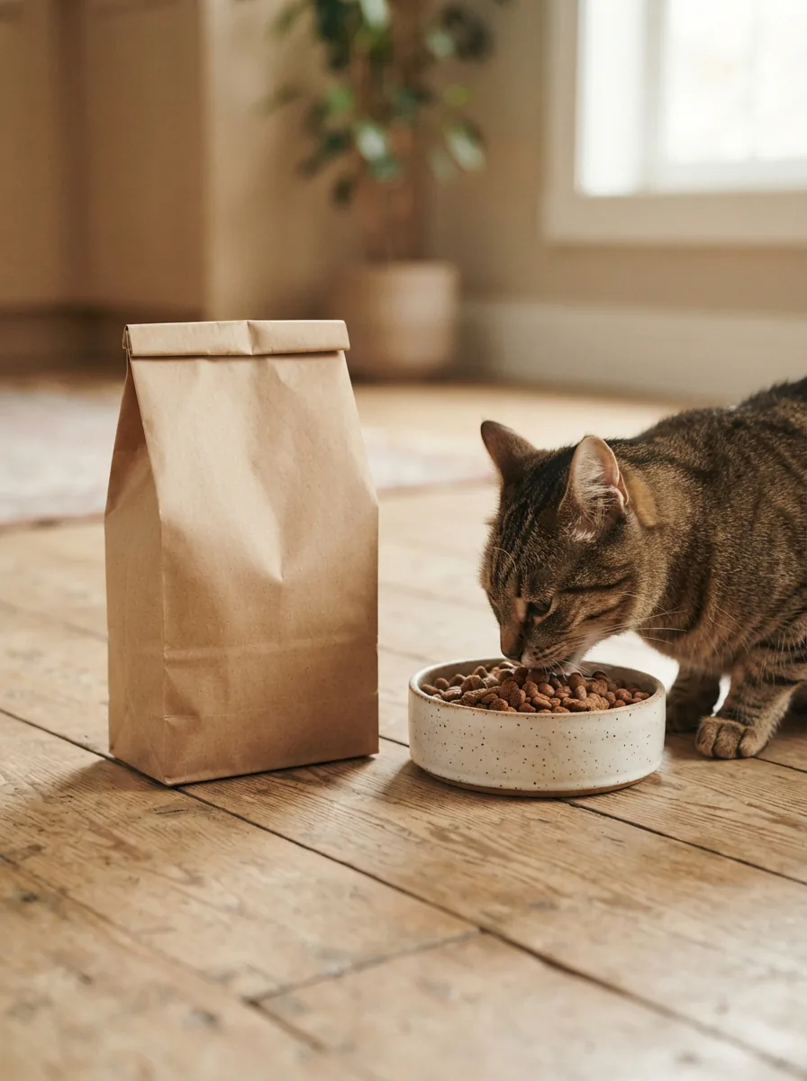 Neutrales Futtersack-Paket auf dem Küchenboden, eine erwachsene Katze frisst aus dem danebenstehenden Napf