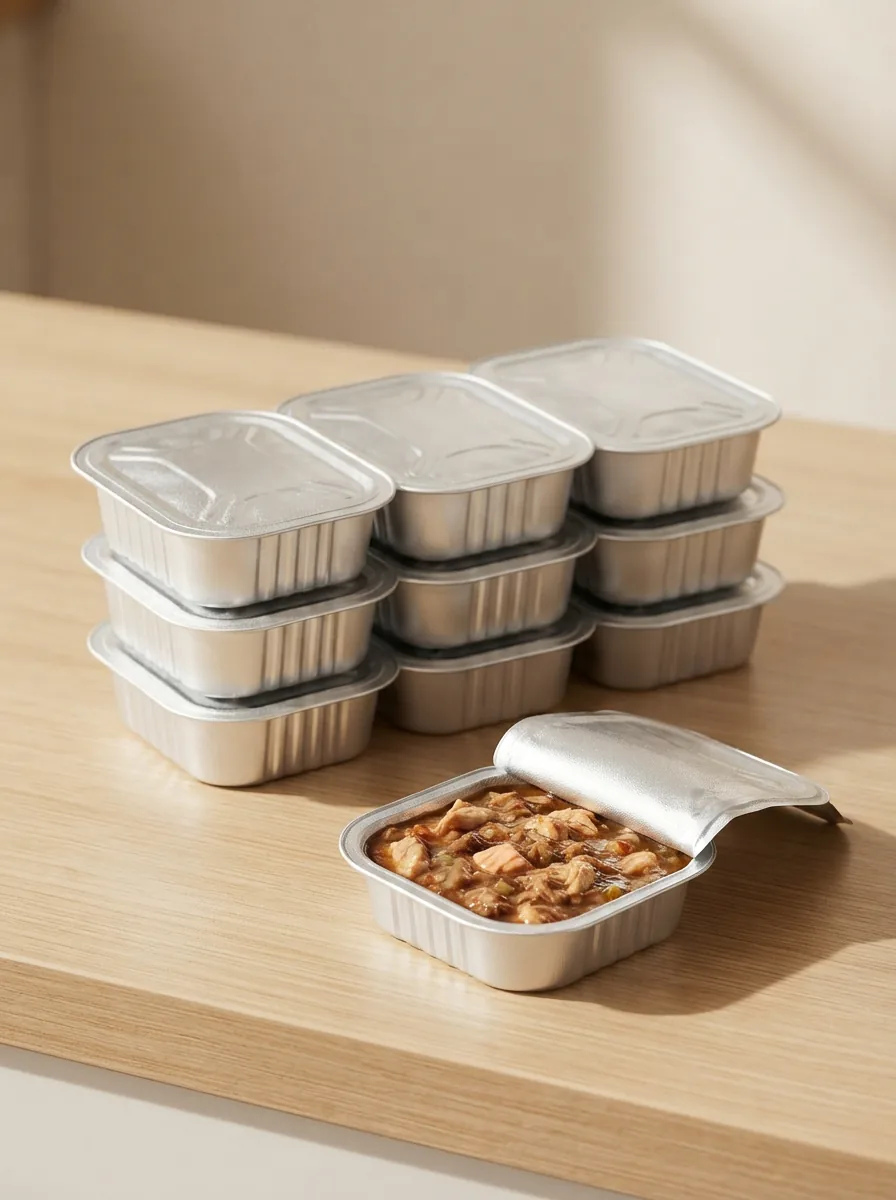 Multifit Adult Sauce Duo Katze Nassfutter Multipack XXL mit gestapelten 100-g-Trays und einer geöffneten Portion