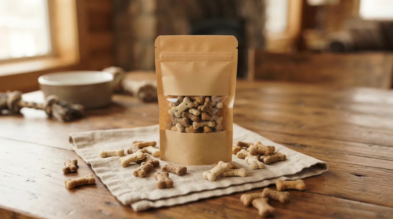 Kleine Trainings-Snacks der Junior-Linie aus einer Tüte auf einem Holztisch mit Leinentuch