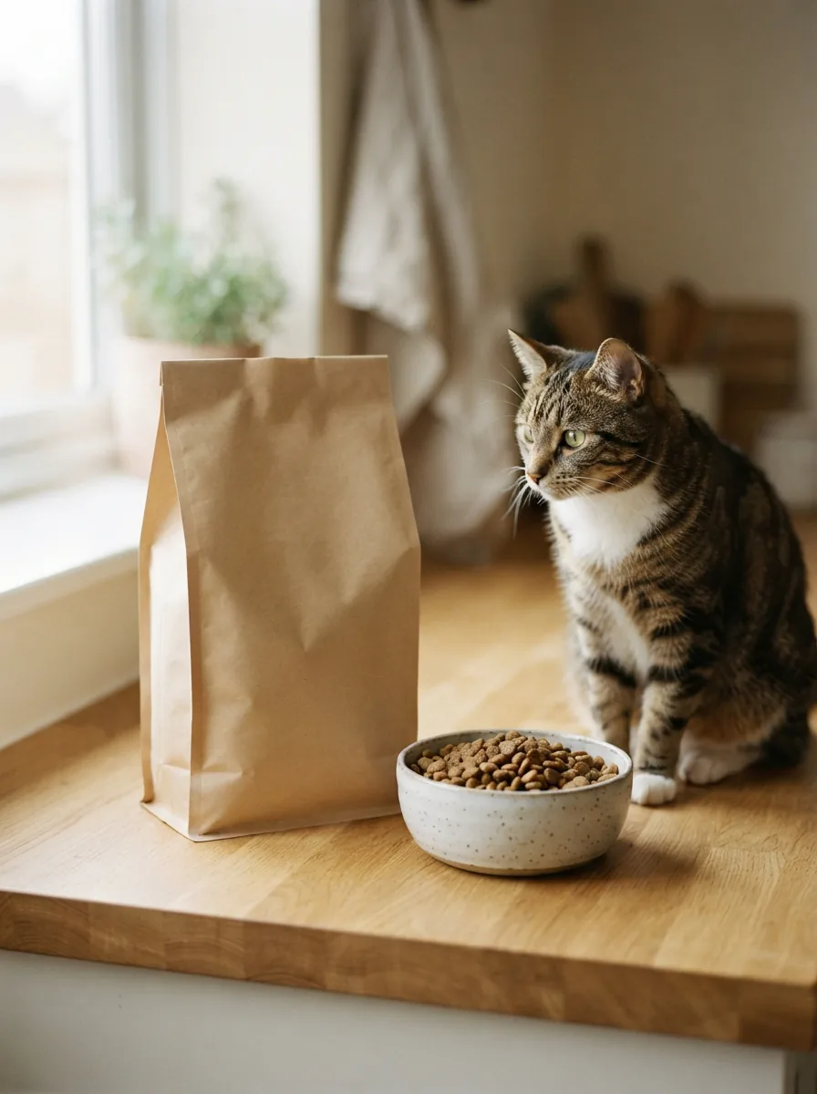 Neutrales Kraftpapier-Futtersack-Paket neben einem gefüllten Katzennapf auf heller Küchenarbeitsplatte