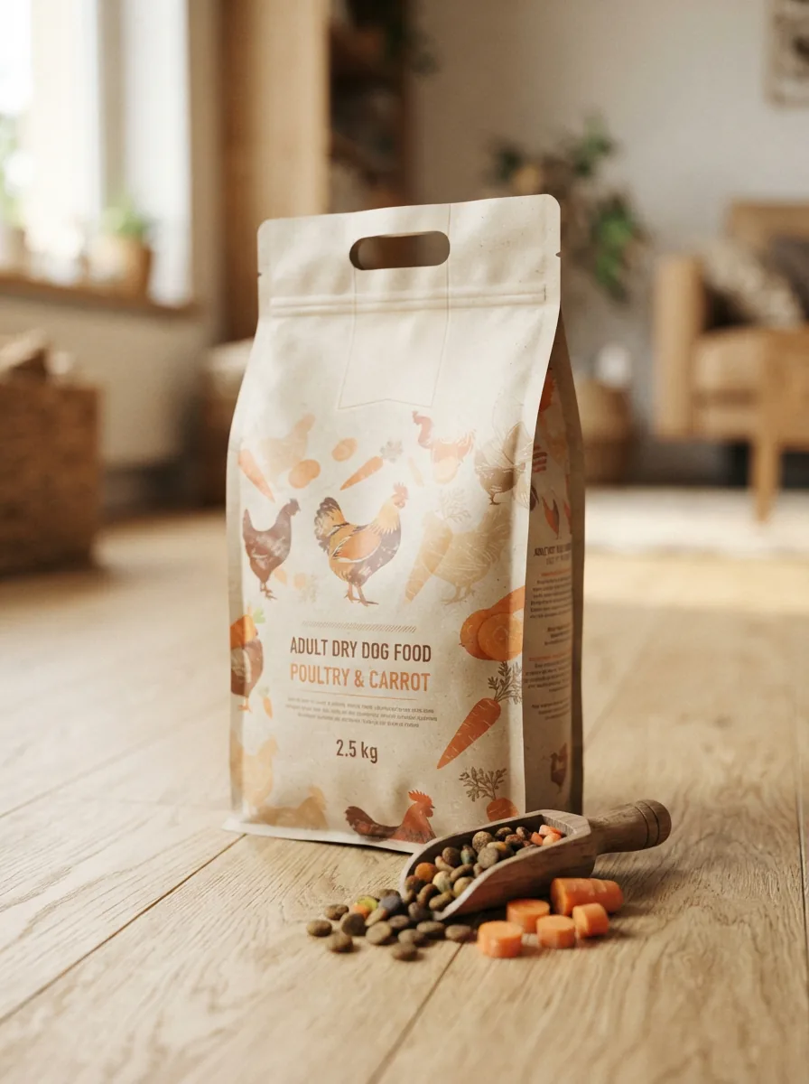 Beutel MultiFit Trockenfutter Hund Adult mit Geflügel und Karotte 2,5 kg vor einer Schale Trockenfutter mit Karottenstückchen