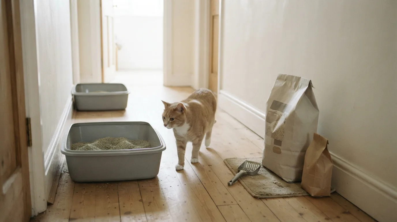 Zwei Katzenstreu-Säcke unterschiedlicher Größe stehen neben zwei Katzentoiletten in einem hellen Flur
