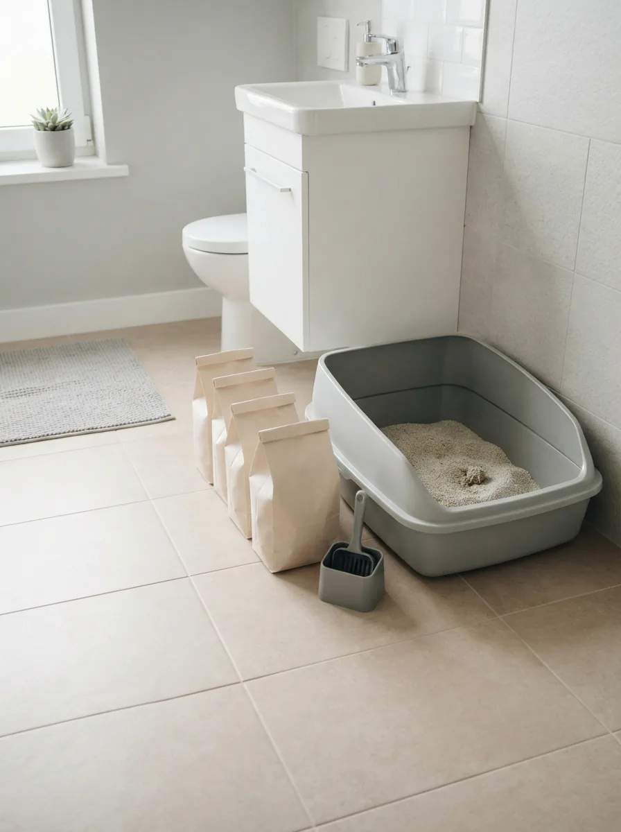 Offene Katzentoilette mit Streu und einer Reihe neutraler Streu-Beutel im hellen Badezimmer