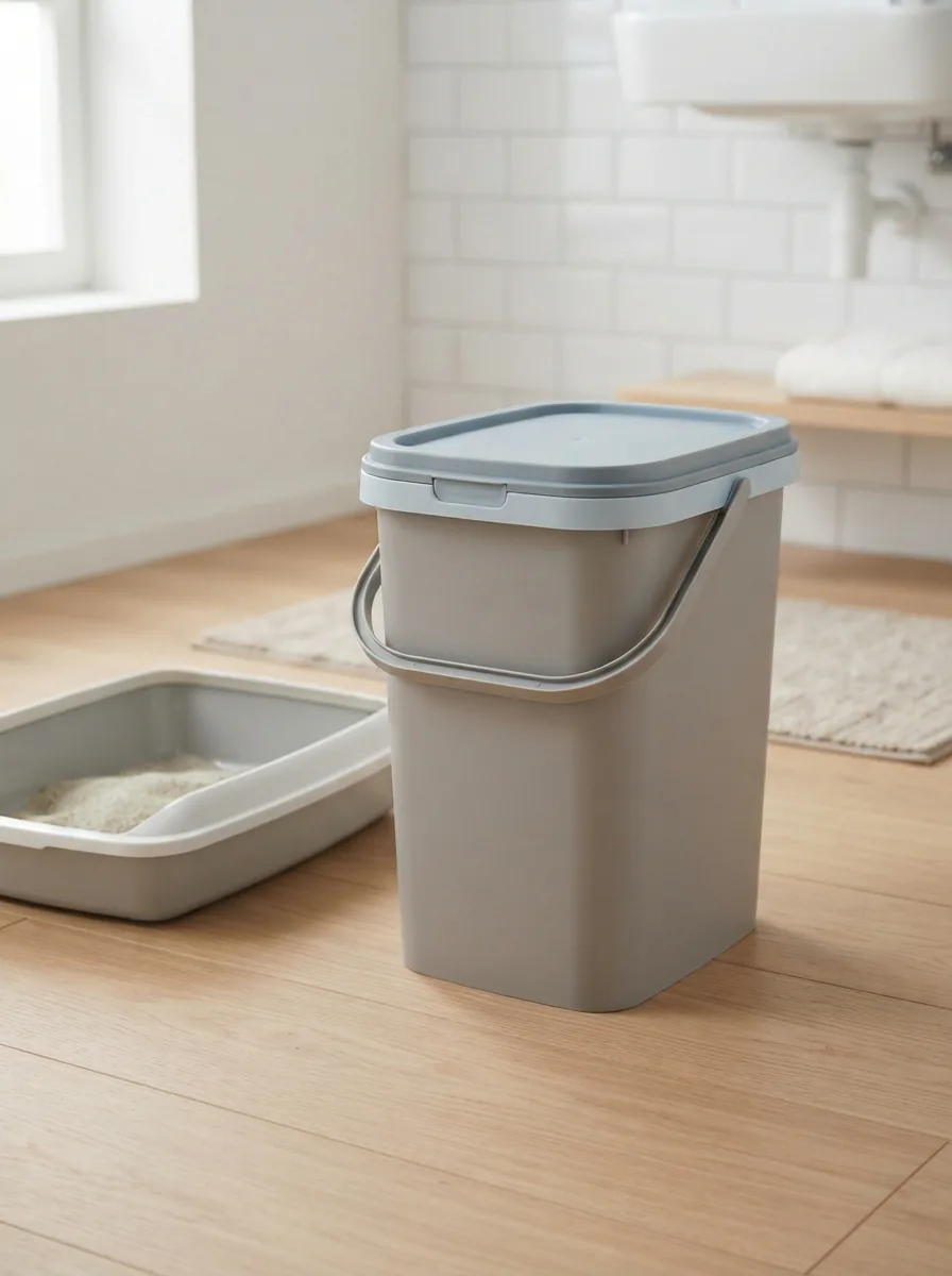 Ein Eimer MultiFit ultra comfort 15 l Klumpstreu steht neben einer sauberen Katzentoilette auf hellem Boden