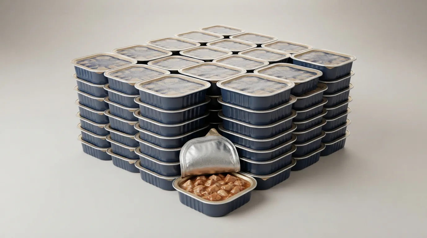 MultiFit Junior Sauce Chicken Mix Multipack mit achtundvierzig Portionen à 100 g und geöffnetem Tray mit Hühnerstücken
