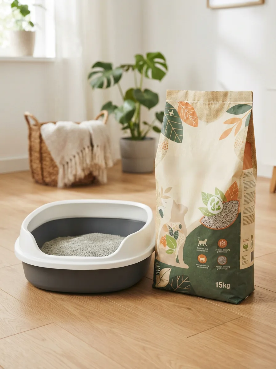 MultiFit ultra comfort Klumpstreu in der geöffneten Packung neben einer sauberen Katzentoilette