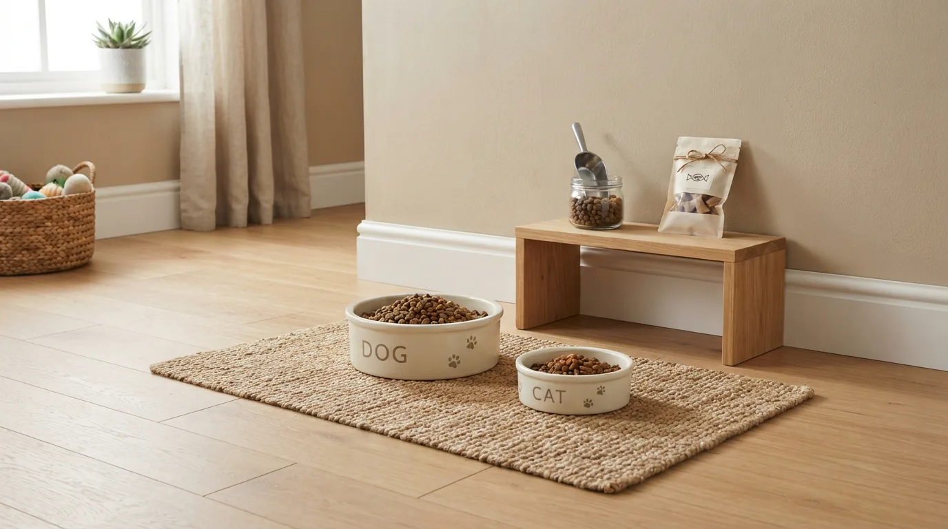 Fütterungsecke zu Hause mit Napf für Hund und Katze, Futterschaufel und Snack-Tüte im niedrigen Regal