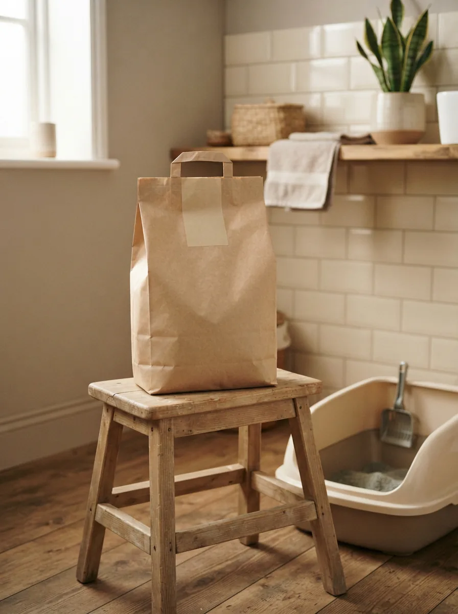Kompakte 4,5-kg-Packung MultiFit Comfort Klumpstreu auf einem Holzpodest am Katzenklo