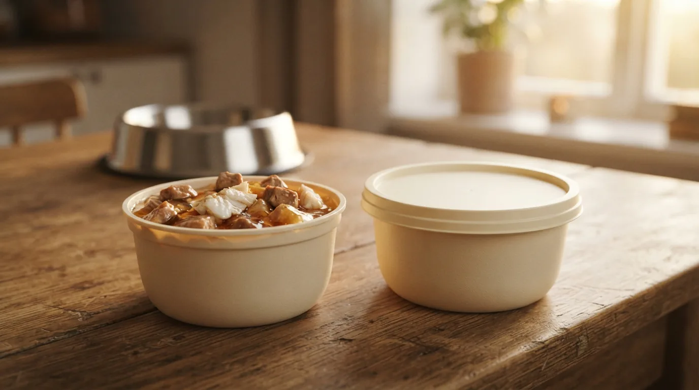 Zwei Becher MultiFit Adult Jelly Duo mit Fisch und klassischer Sorte auf einem Holztisch neben einer Hundeschale