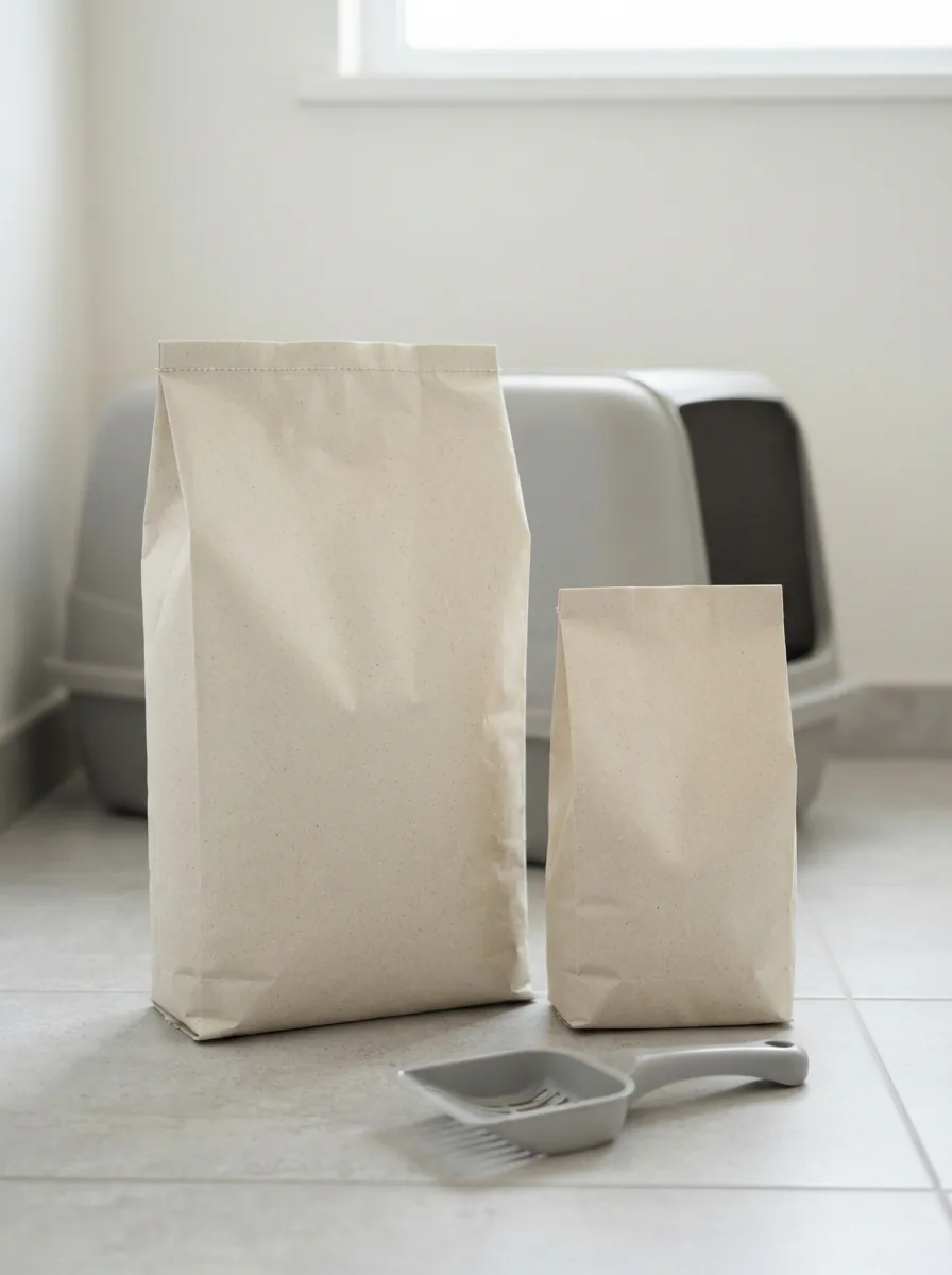 Zweiteiliges Paket MultiFit Katzenstreu Ultra 6 l mit 2 l Overfill vor einer Katzentoilette