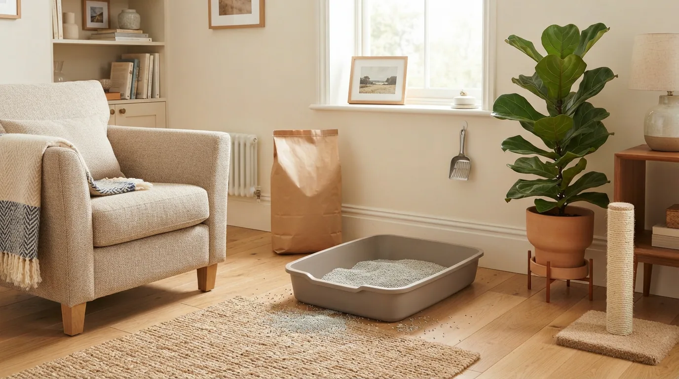 Wohnraumszene mit eingefüllter Katzentoilette aus MultiFit ultra comfort Klumpstreu neben einem Fauteuil