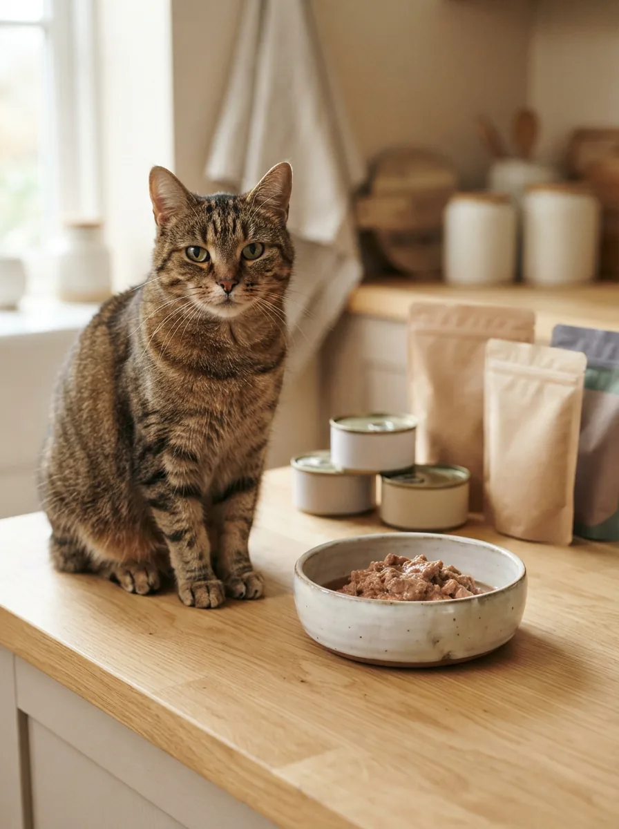 Katze sitzt neben einer Schale mit Nassfutter auf einer hellen Küchenfläche