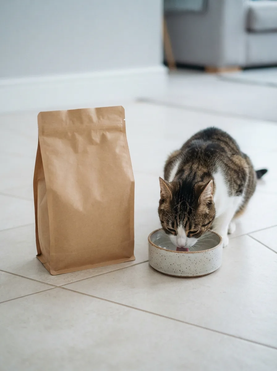 Neutrales Futtersack-Paket neben einem Wassernapf, eine Katze trinkt auf hellem Boden daneben