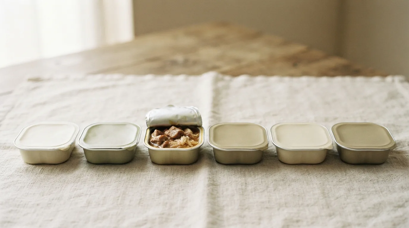MultiFit Mini Nassfutter Katze Adult Multipack mit sechs kleinen Sauce-Trays à 50 g auf Leinentuch