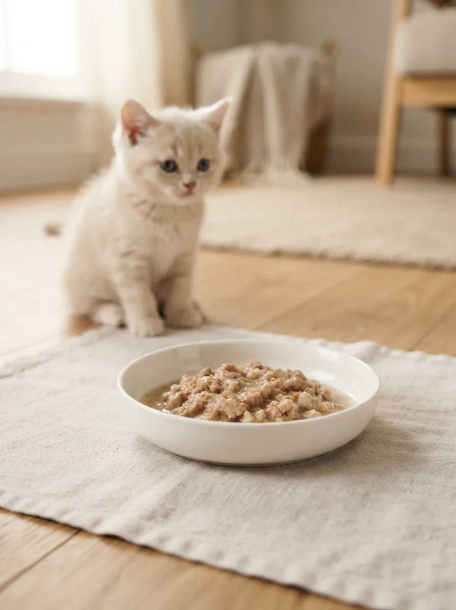 Kittenfutter in einer Schale mit einer jungen Katze im Hintergrund auf einem hellen Boden
