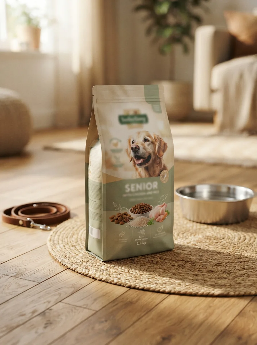Beutel MultiFit Trockenfutter Hund Senior mit Huhn und Reis 2,5 kg auf einer gewebeten Matte neben einer Edelstahlschale