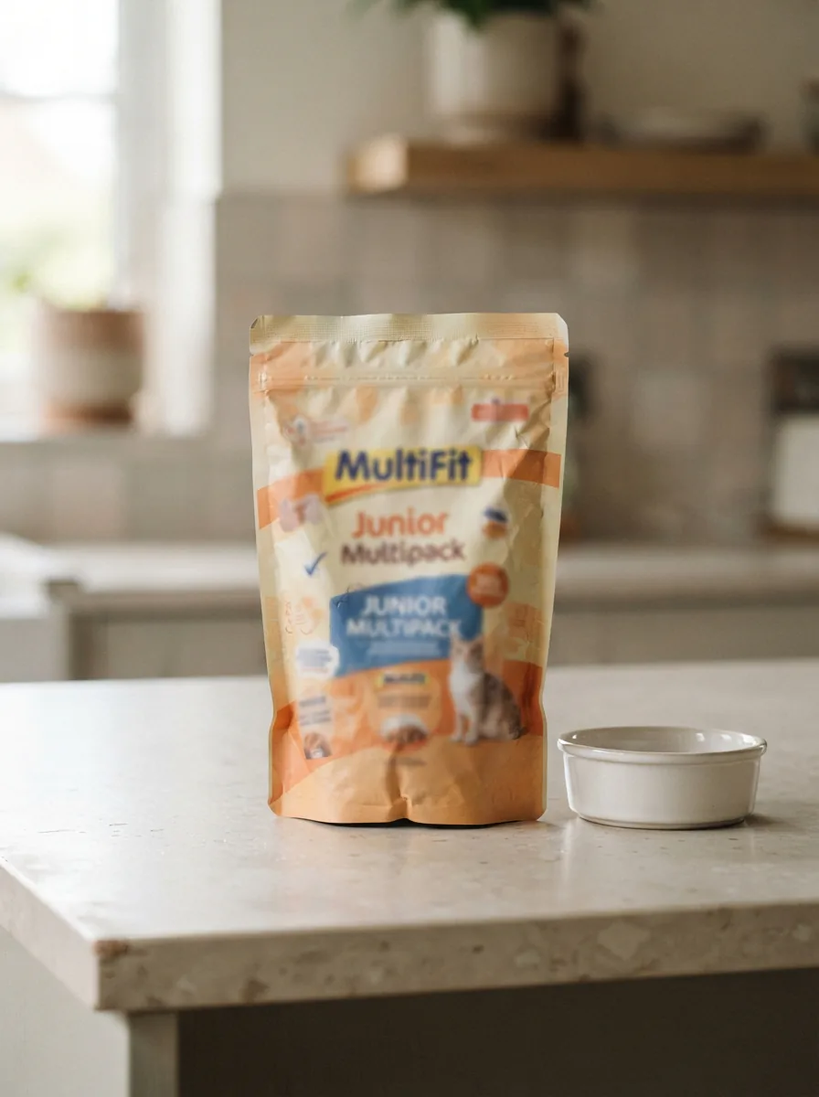 MultiFit Junior Multipack Katzenfutterbeutel steht auf einer hellen Küchenarbeitsplatte