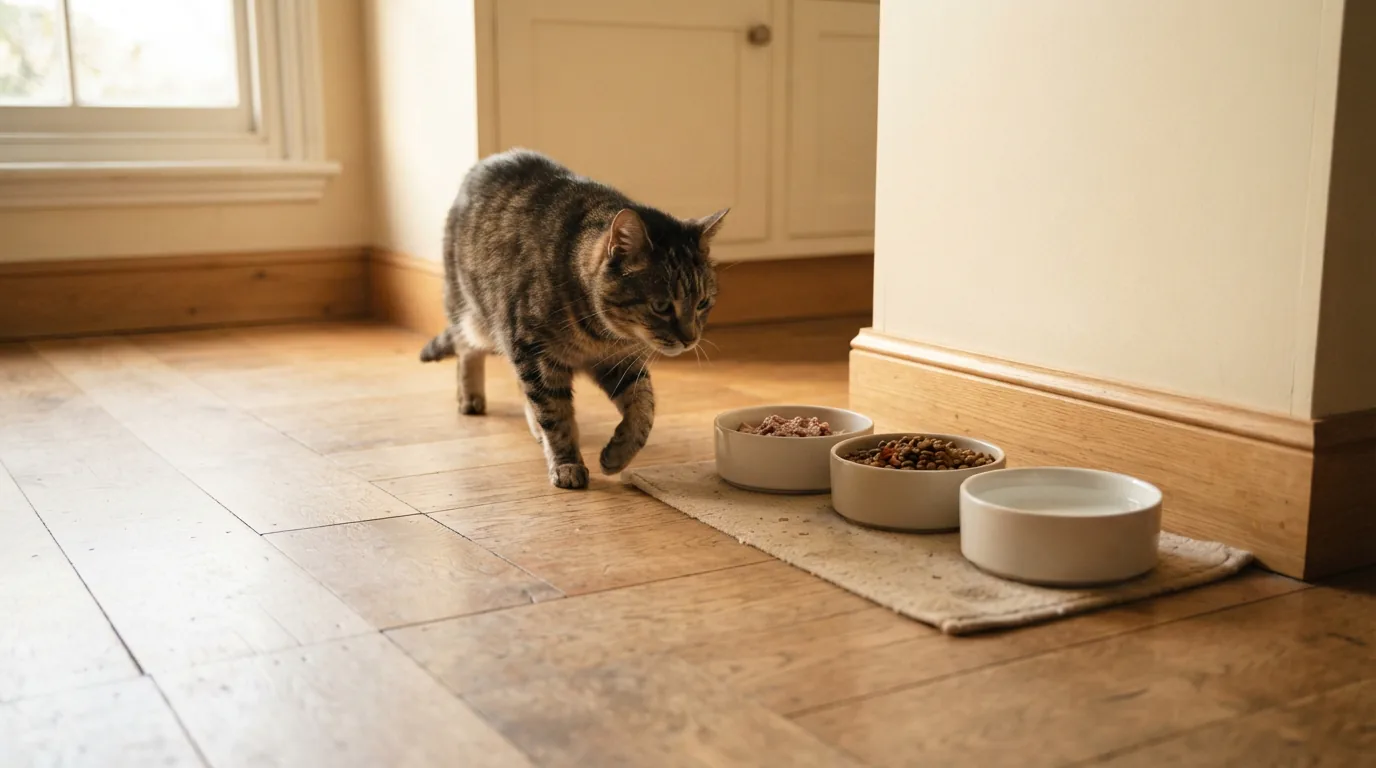 Drei Futterschalen mit Nassfutter, Trockenfutter und Wasser auf dem Küchenboden, eine Katze kommt angeholt
