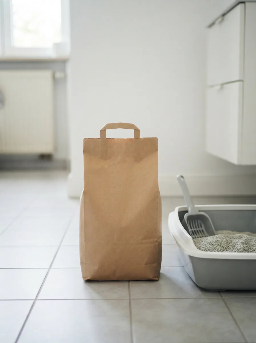 Kleine Packung Multifit Katzenstreu Klumpend 5 l neben einer Katzentoilette