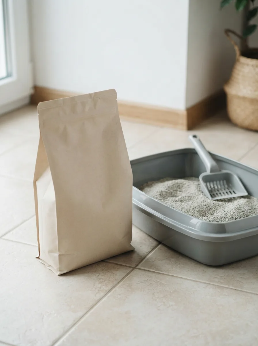 Packung MultiFit Klumpstreu Ultra 6 l mit Schaufel auf einer hellen Badfliese