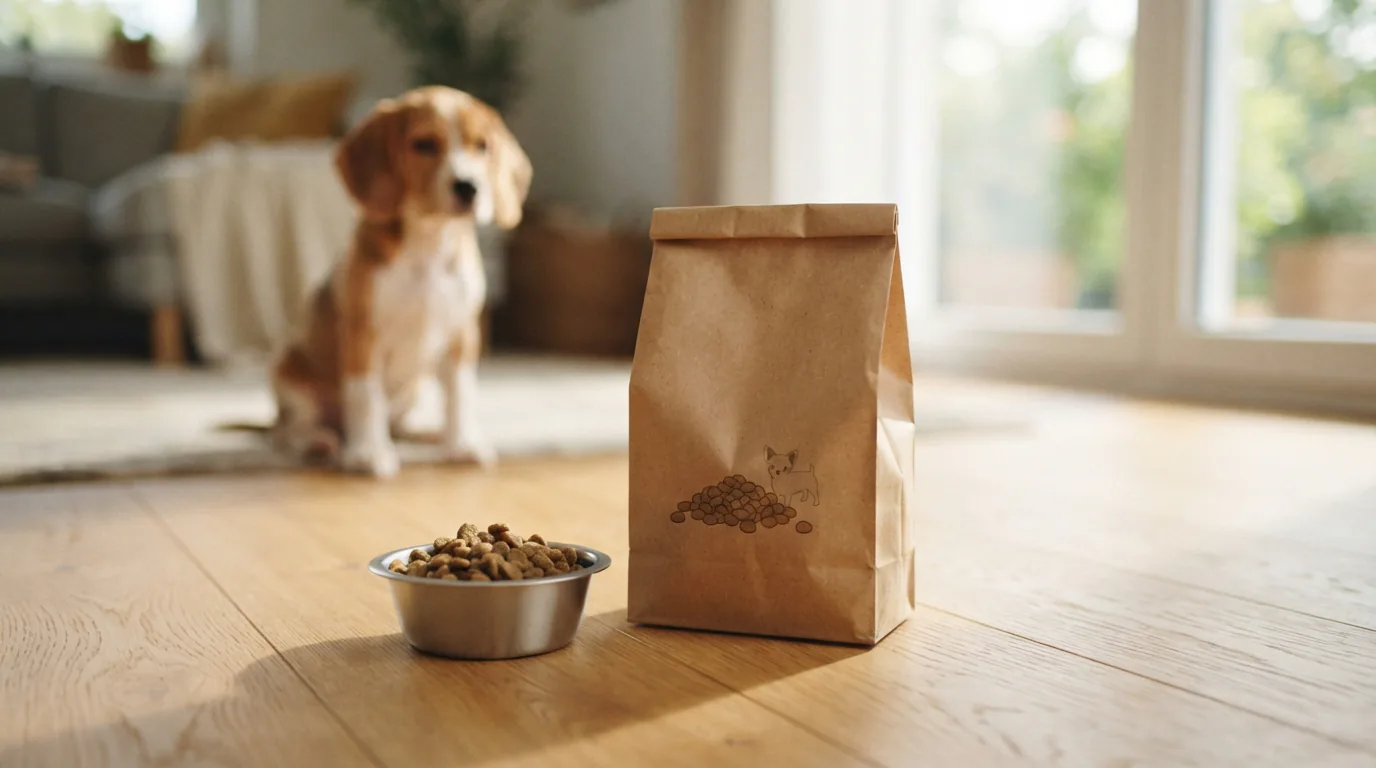 Kompakte Kraftpapiertüte mit Mini-Trockenfutter für kleine Junghunde neben kleinem Edelstahlnapf
