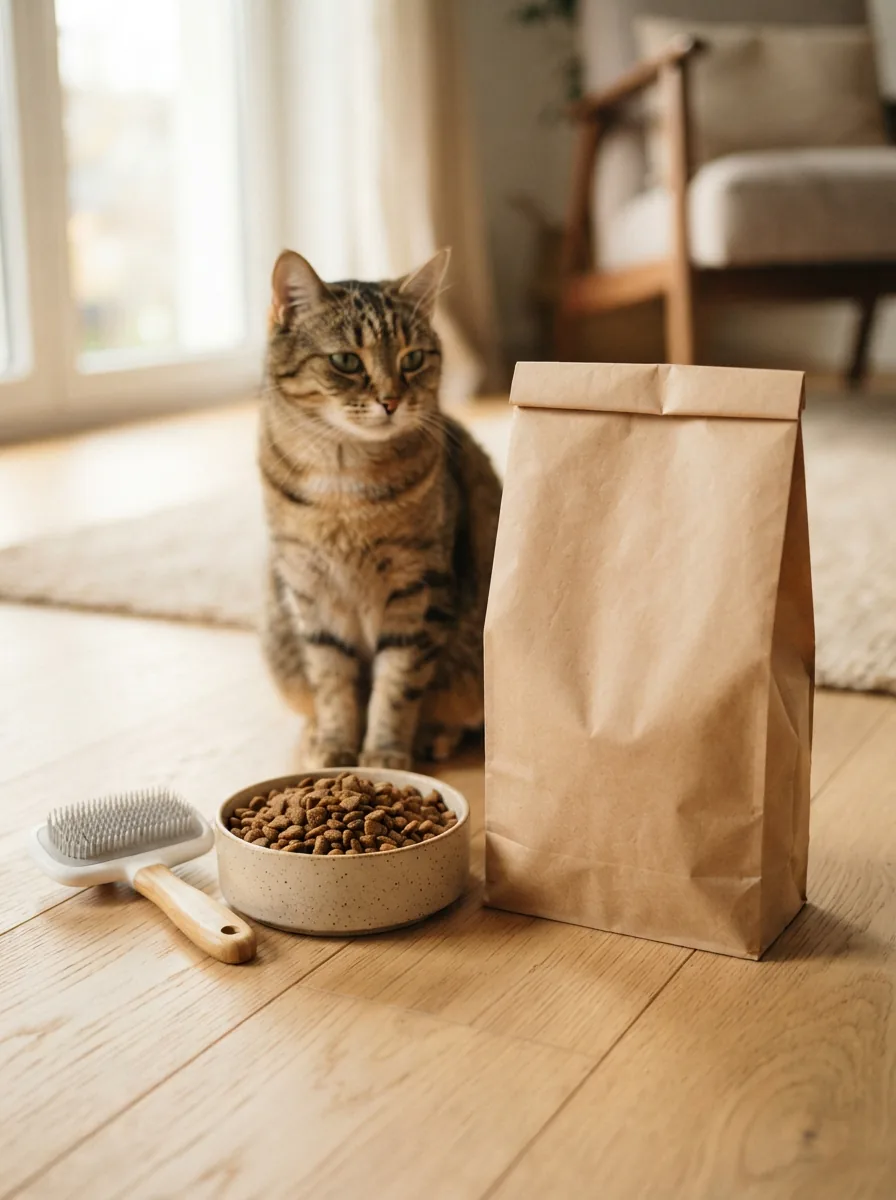 Neutrales Futtersack-Paket neben gefülltem Katzennapf und weicher Pflegebürste auf hellem Boden