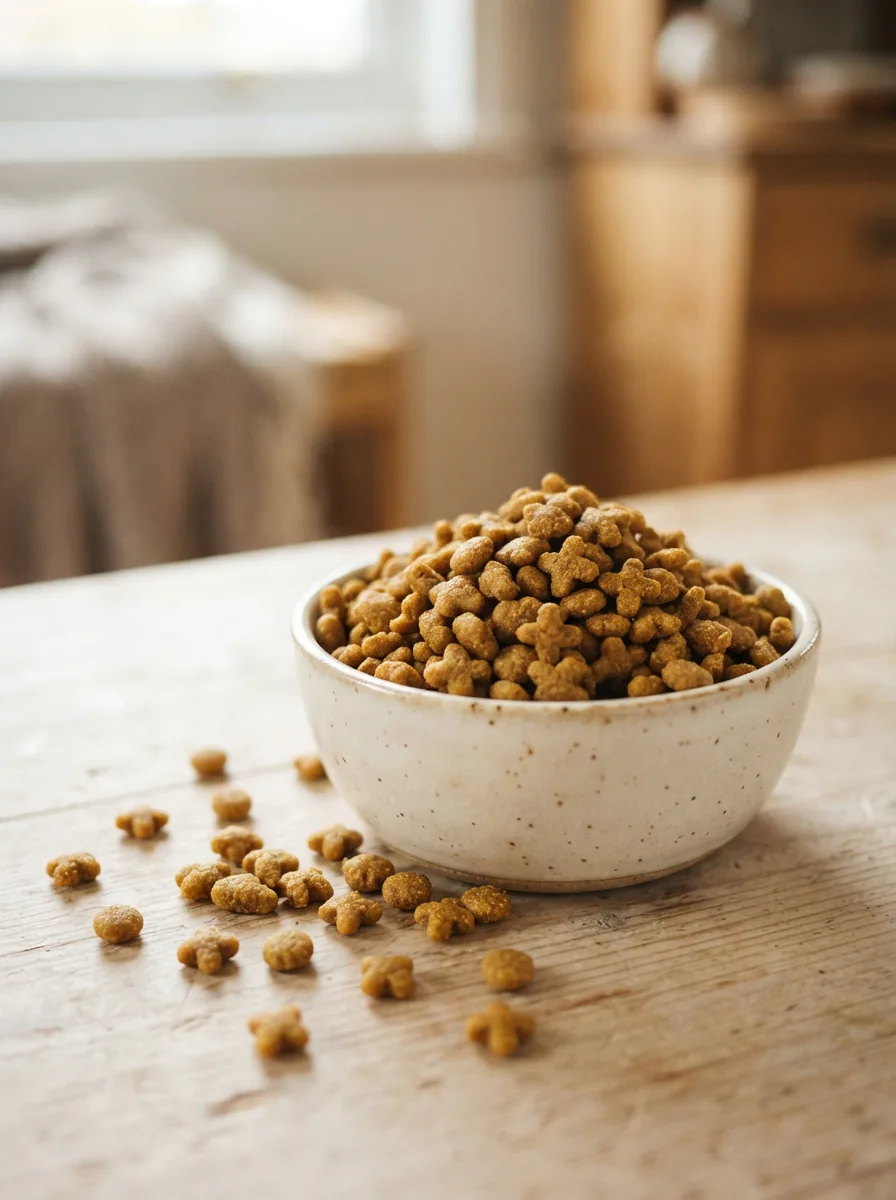 Knusprige Katzen-Trockenfutter-Kroketten in einer Schale auf einem hellen Holztisch