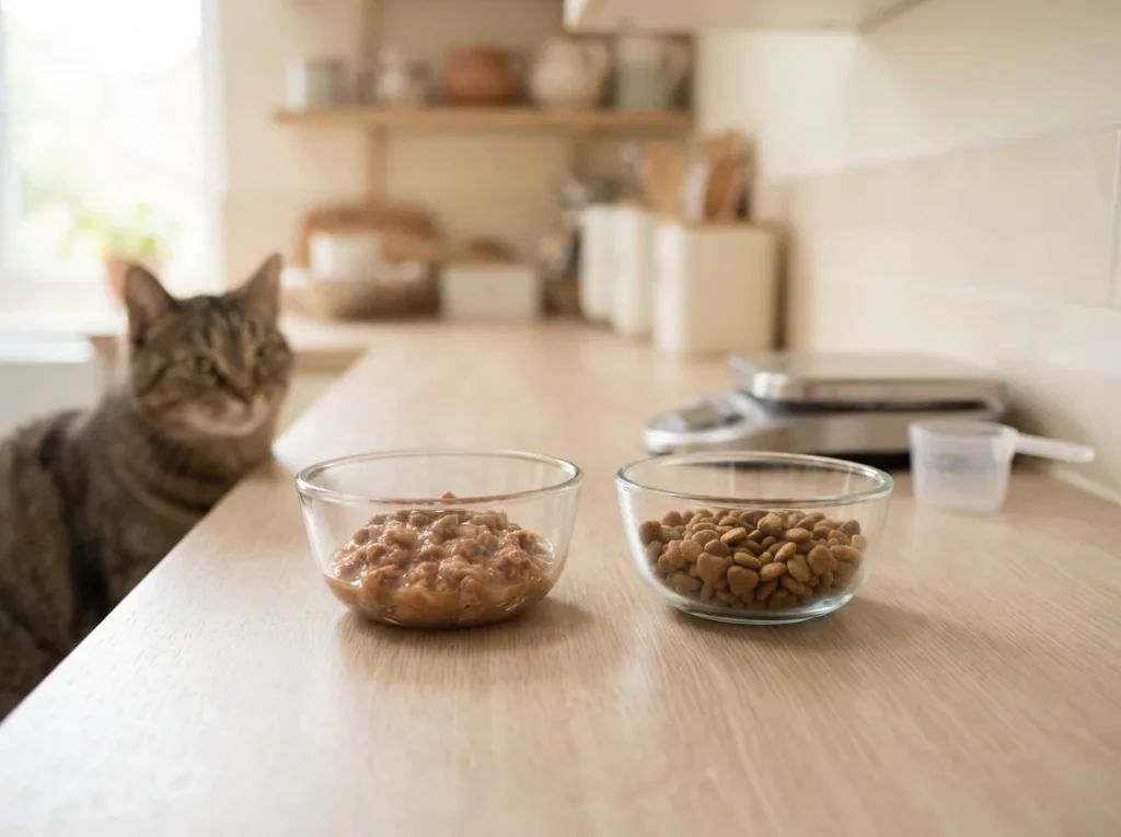 Zwei Futterschalen mit Nassfutter und Trockenfutter, Küchenwaage und eine Katze im Hintergrund