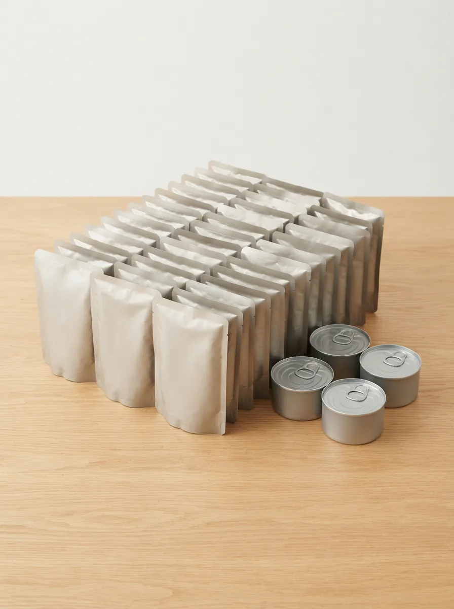 Viele Katzenfutter-Beutel und einige Dosen als Großpaket auf einem Tisch ausgelegt