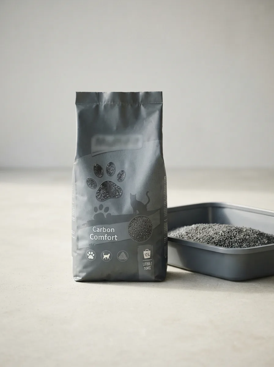 MultiFit Carbon Comfort 12 l Katzenstreu-Packung aufrecht neben einer gefüllten Katzentoilette mit grauem Aktivkohle-Granulat