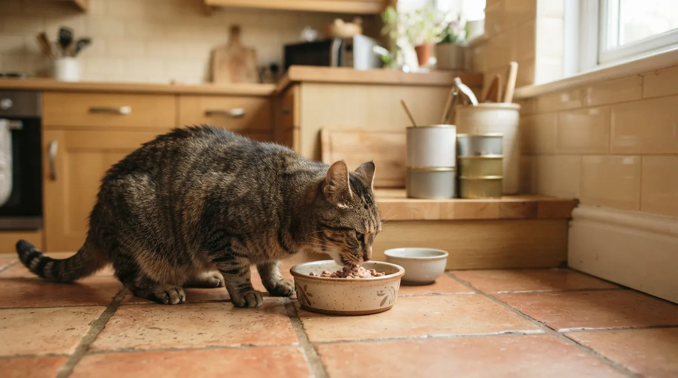 Katze am Napf in einer Küche, daneben ein geöffneter Vorrat an Katzenfutter