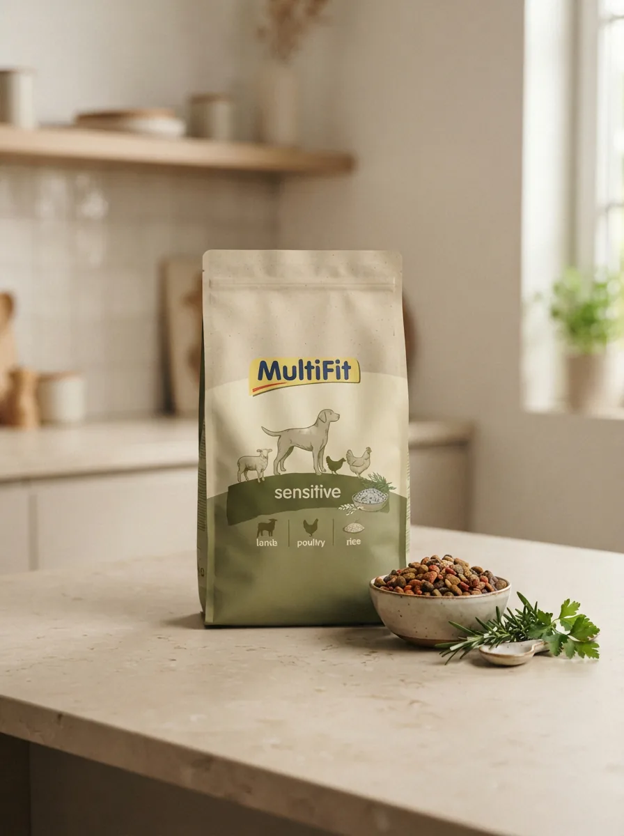 Beutel MultiFit Trockenfutter Sensitive Adult mit Lamm, Geflügel und Reis 2,5 kg auf einer Küchenzeile mit einer Schale Trockenfutter