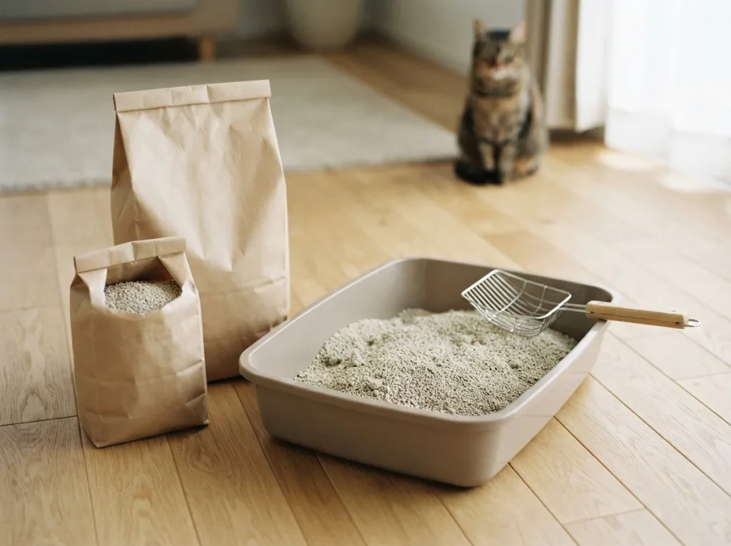 Zwei Katzenstreu-Varianten und eine Schaufel werden zum Vergleich nebeneinander gestellt