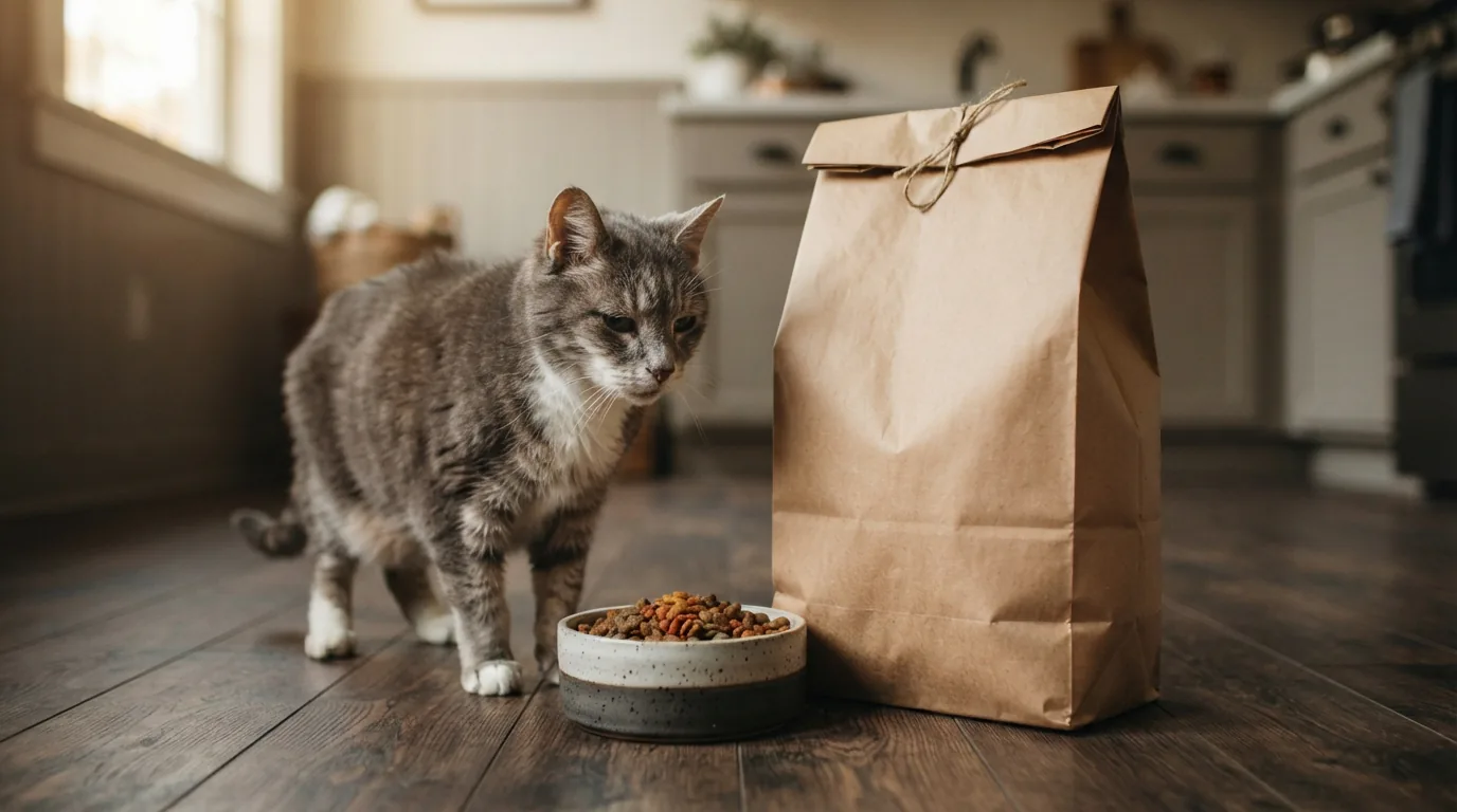 Großes neutrales Futtersack-Paket neben einem gefüllten Katzennapf auf dunklem Küchenboden
