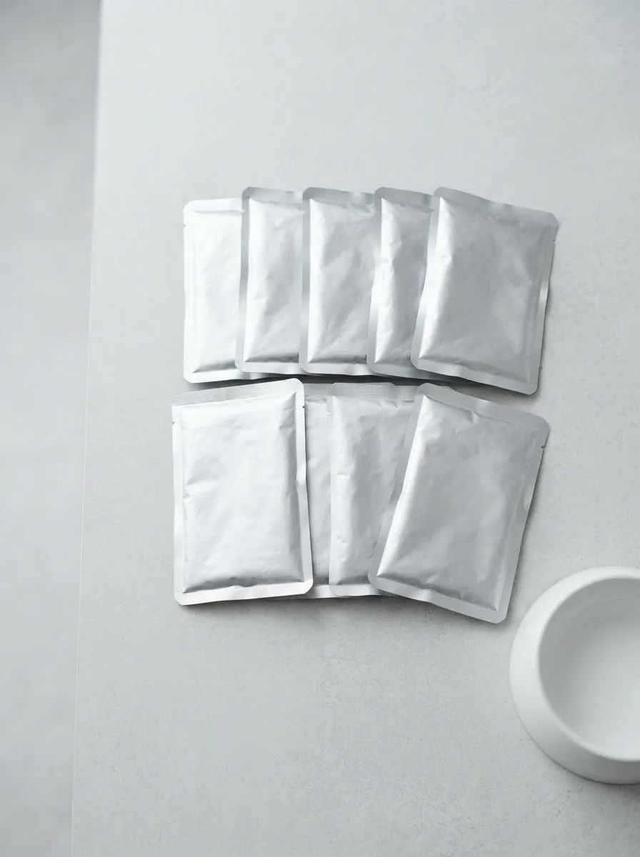 Reihe gleich großer Katzenfutter-Beutel als Multipack auf einer hellen Decke arrangiert