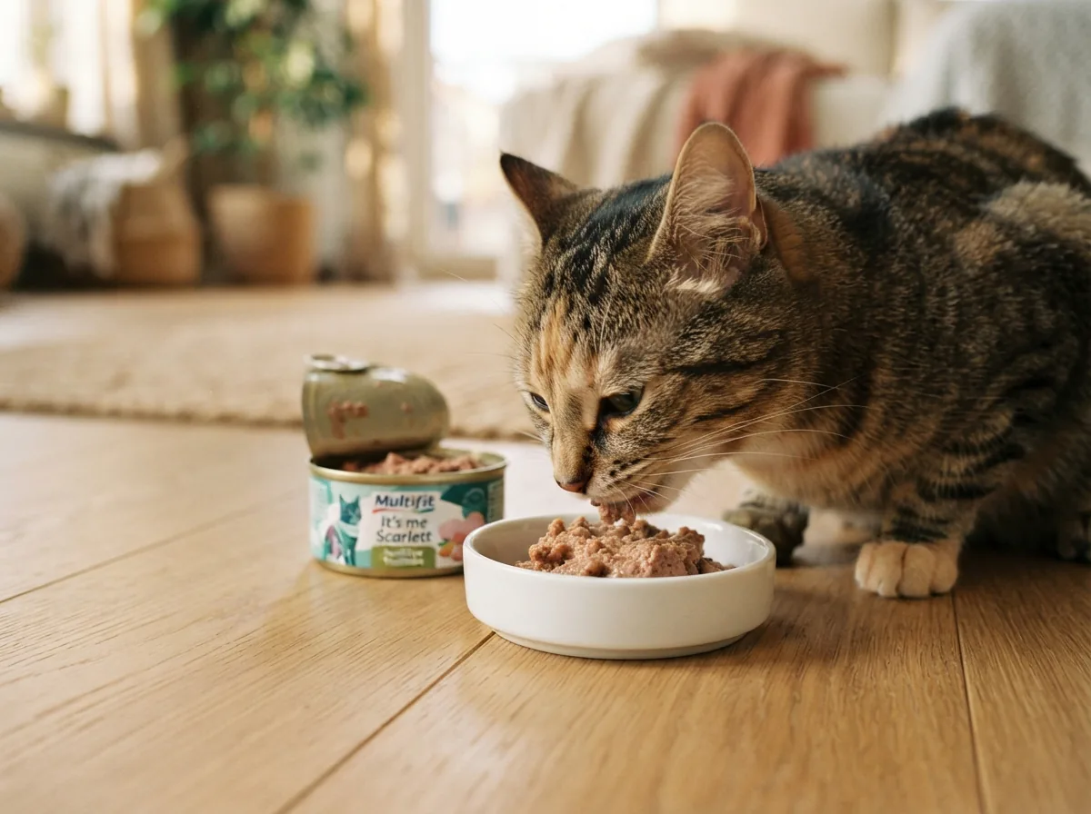 Katze isst Pate aus weißem Napf neben der geöffneten Multifit It's me Scarlett Sensitive Truthahn Dose