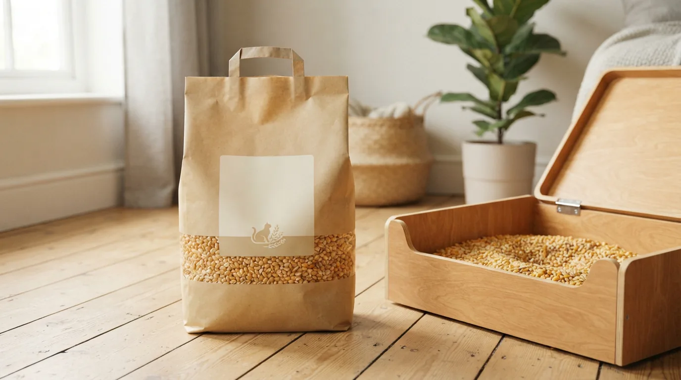 MultiFit Klumpstreu Corn Comfort 7 l Mais-Streupackung auf hellem Holzboden am Katzenklo