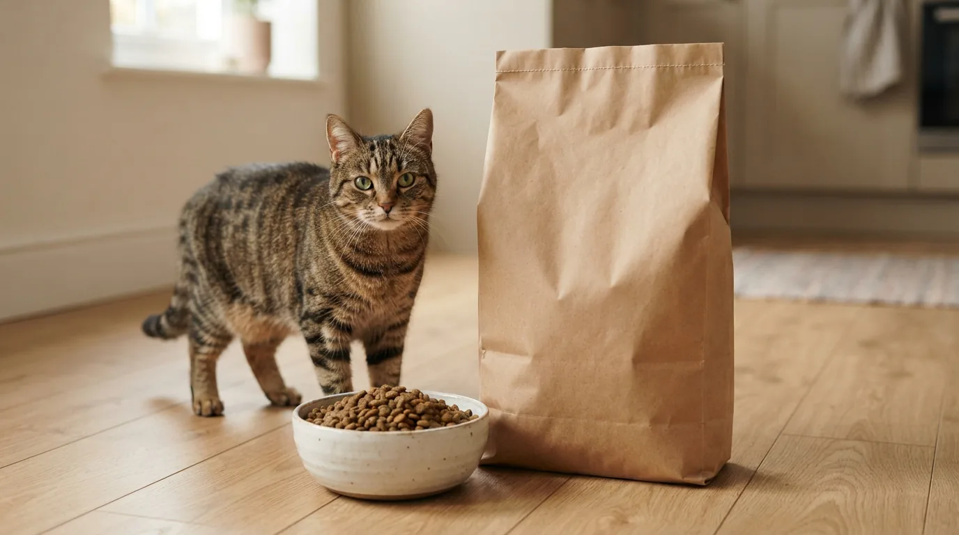 Großes neutrales Futtersack-Paket auf hellem Küchenboden neben einem gefüllten Napf, eine Katze steht daneben