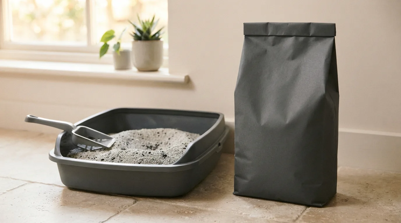 Packung MultiFit Carbon Comfort 12 l mit dunklen Kohlekörnern in der Katzentoilette