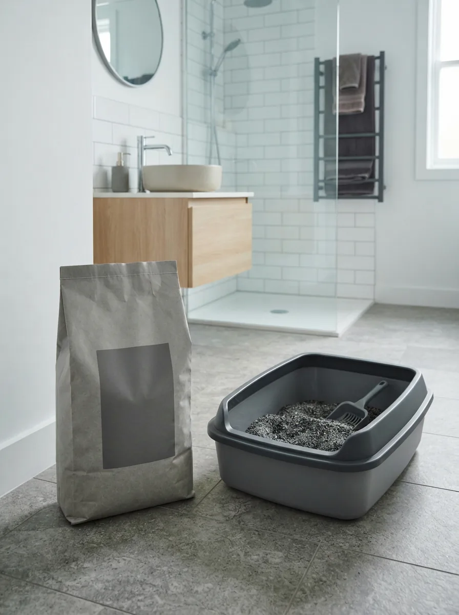 MultiFit Carbon Comfort 12 l Klumpstreu mit dunkler Verpackung am Rand der Katzentoilette