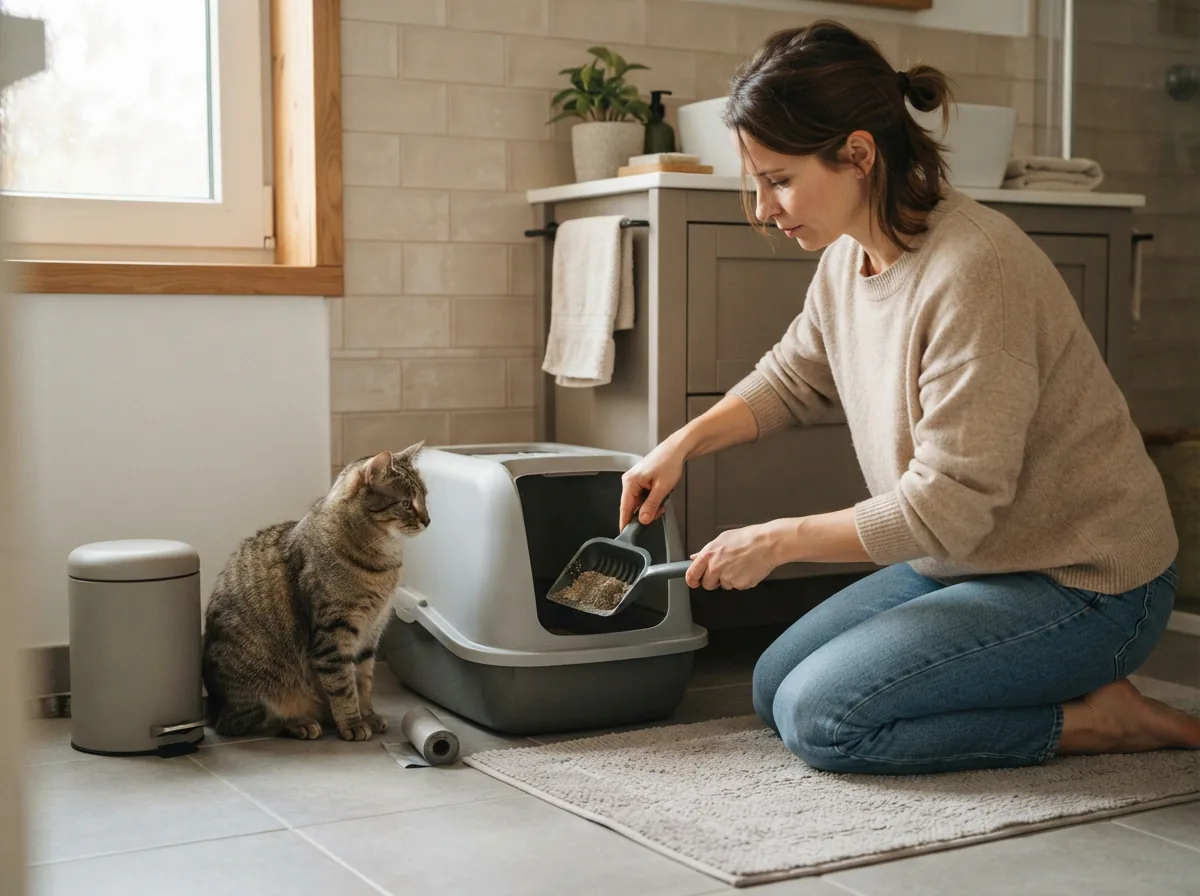 Katzenhalterin sorgt mit Schaufel und Eimer für eine saubere Katzentoilette im Badezimmer